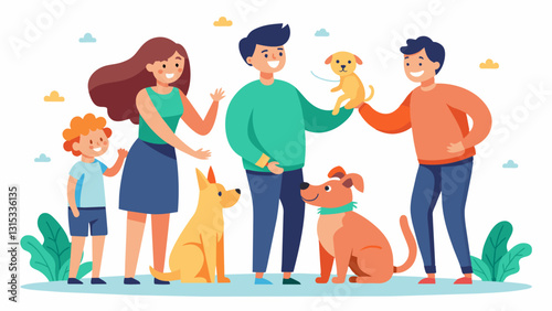 As the event kicks off several families are seen eagerly interacting with the animals playing with them and considering adoption.. Vector illustration