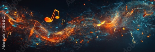 Fiery musical notes dance through cosmic ambiance