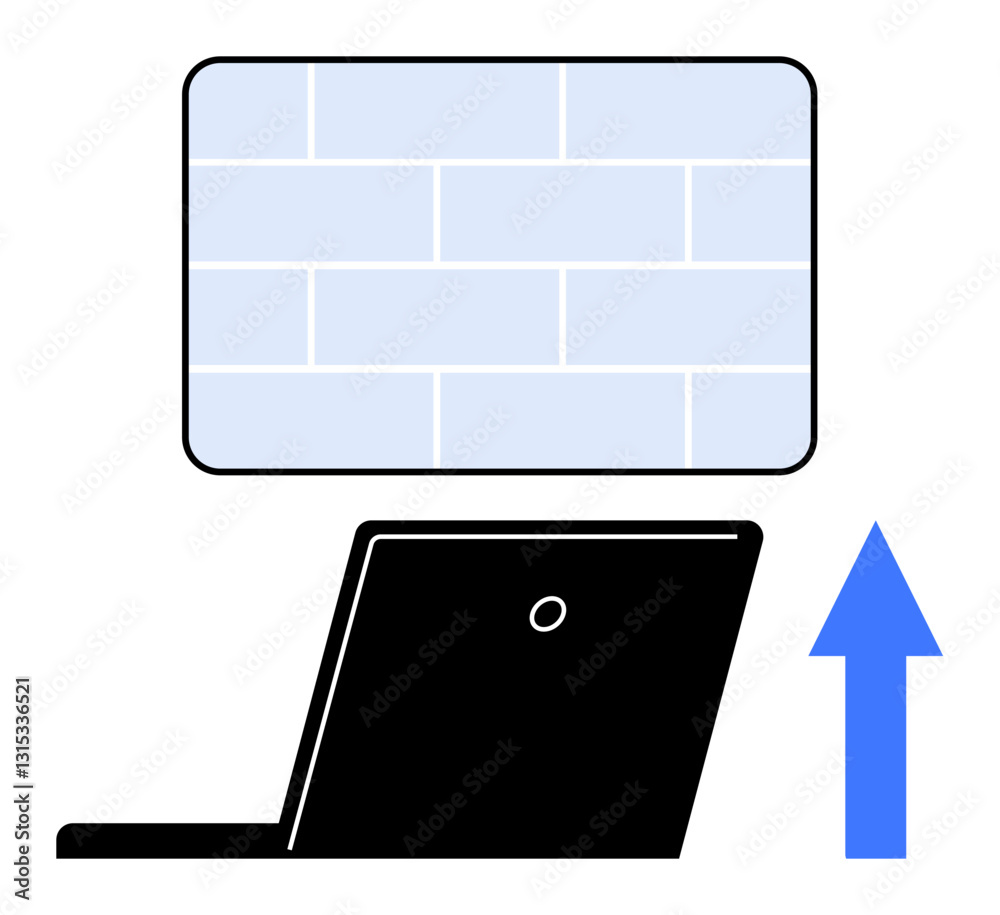 Laptop emits projection onto brick-pattern wall, paired with upward arrow. Ideal for innovation, presentation, technology, progress, business growth, idea sharing learning. Flat simple metaphor Laptop emits projection onto brick-pattern wall, paired with upward arrow. Ideal for innovation, presentation, technology, progress, business growth, idea sharing learning. Flat simple metaphor