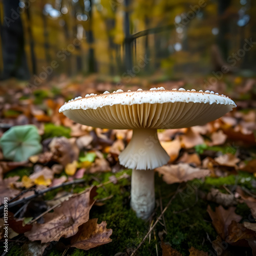 Amanita mushroom in the autumn forest.