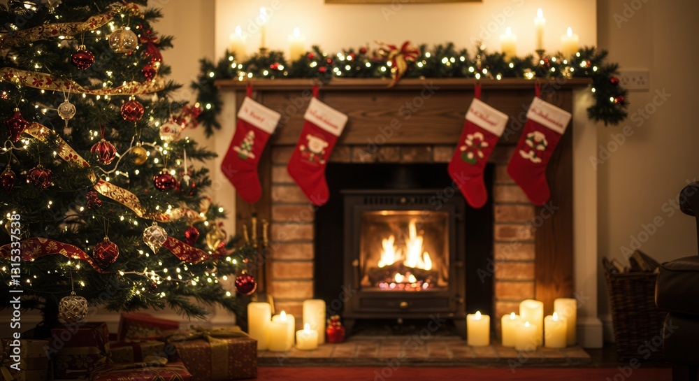 Decorated Christmas Tree with Fireplace and Stockings for Cozy Holiday Decorated Christmas Tree with Fireplace and Stockings for Cozy Holiday