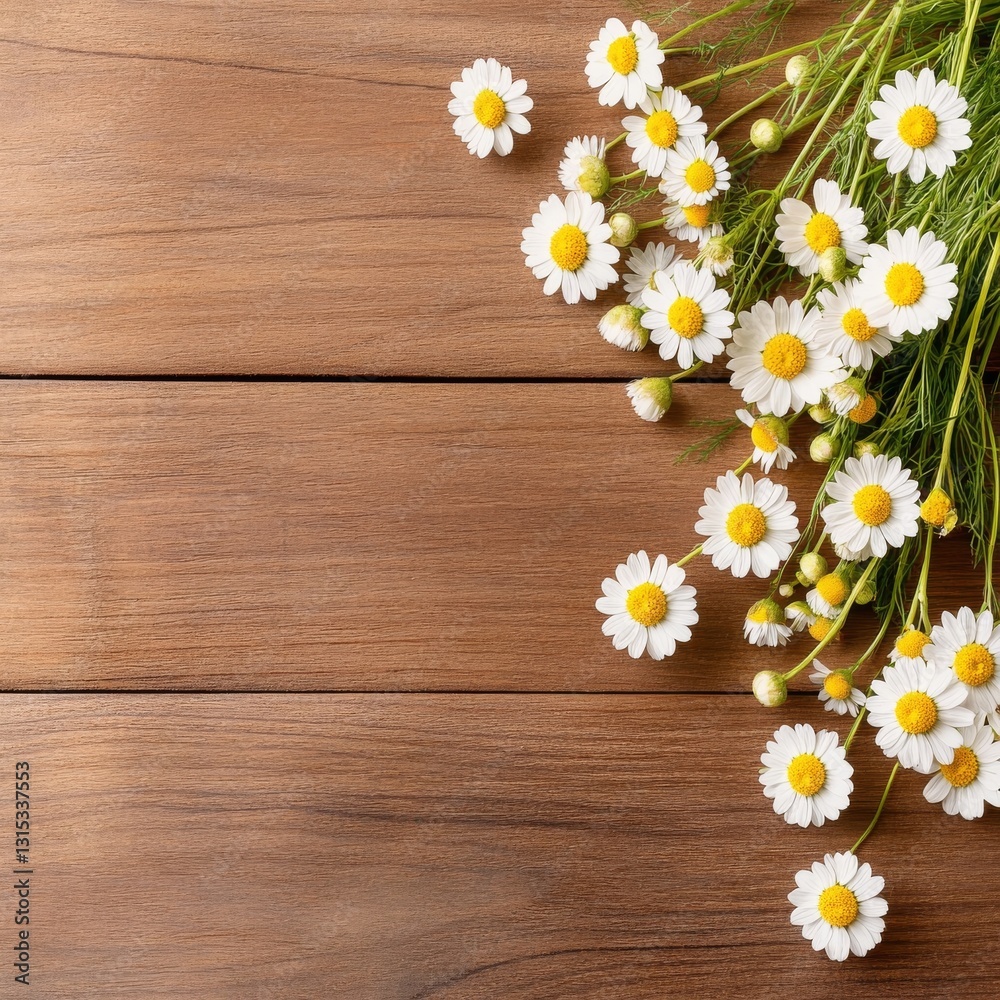Fototapeta premium Elegant chamomile flowers arranged on polished mahogany wood