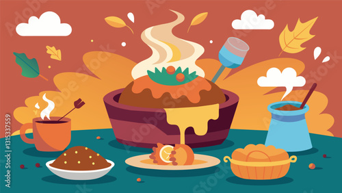 The tantalizing scent of slowcooked meat and es wafting through the air drawing everyone to the dinner table.. Vector illustration