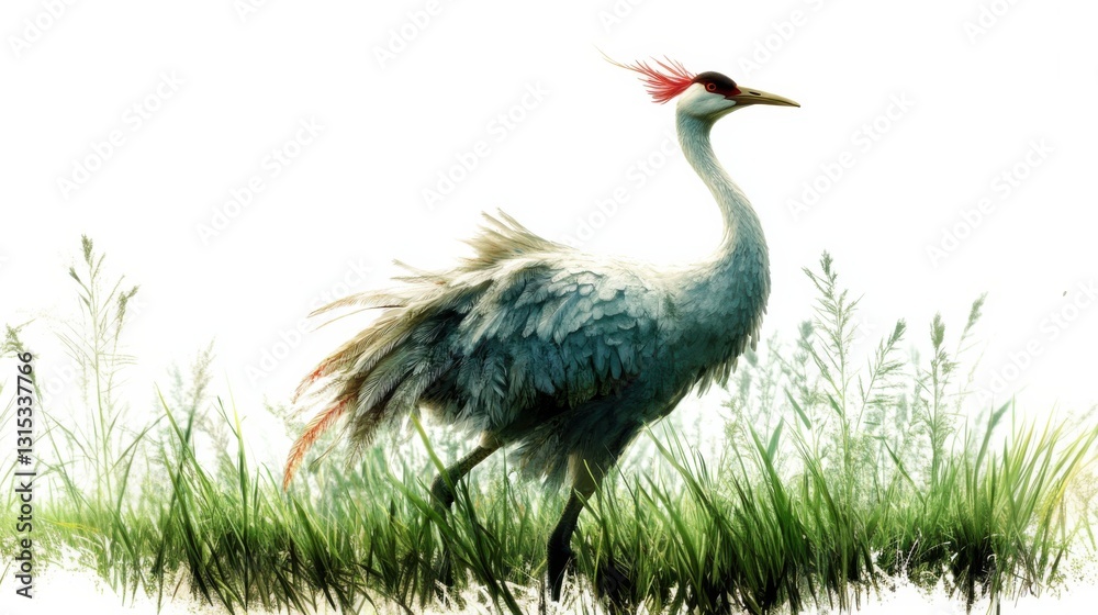 Fototapeta premium Captivating white-naped crane stands gracefully in green wetland with detailed plumage
