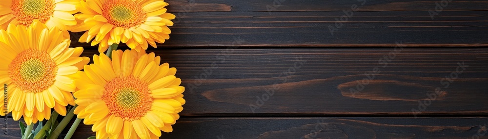 Dramatic contrast of bold yellow gerbera daisies on dark oak wood Dramatic contrast of bold yellow gerbera daisies on dark oak wood