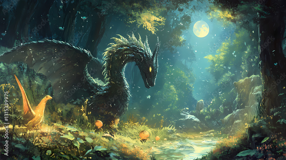 Naklejka premium Fantasy creatures in a forest setting: a whimsical illustration. Dreamlike - Sky. Illustration