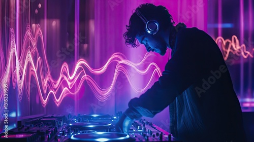 DJ performing in a vibrant nightclub with neon light patterns in blue and pink glowing on a smoky background. Generative AI