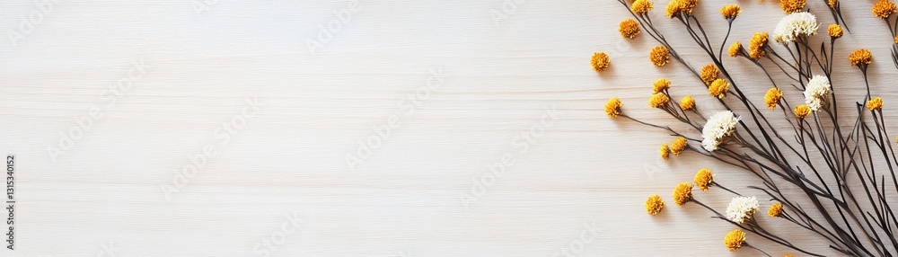 Obraz premium Playful floral scatter of golden wildflowers on a smooth wooden surface