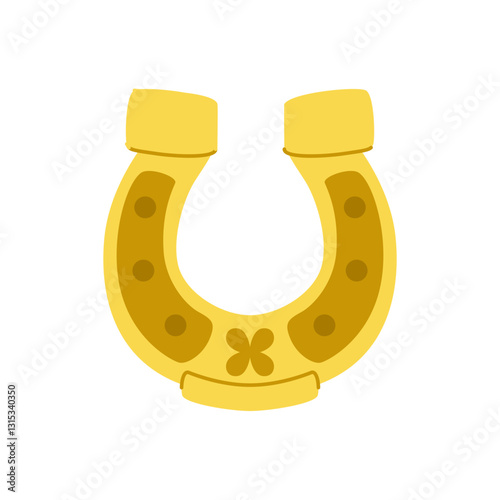 Golden horseshoe that brings good luck. Cartoon festive element for St. Patrick's Day.