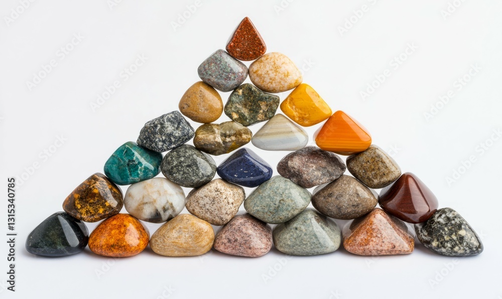 Naklejka premium Pyramid of various sea pebbles, pyramid of balanced stones Isolated on white background. Concept harmony, life balance and meditation.