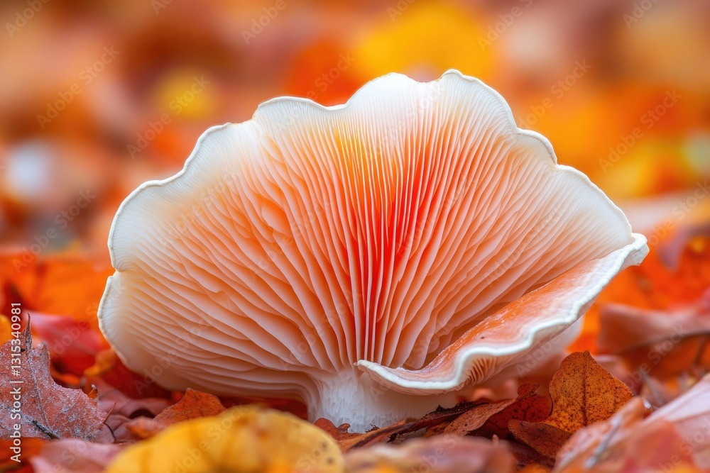 A delicate, fan-shaped mushroom with vibrant orange hues sits amidst fallen autumn leaves.