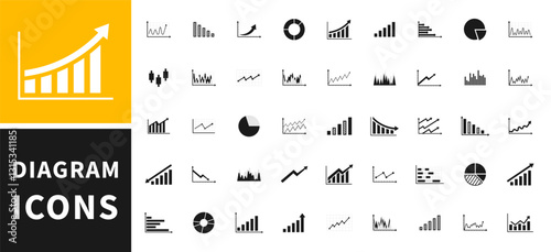 Business graphs and charts icons. Business infographics icons. Business data design elements, reports, presentations, financial analysis. Statistic and data, charts diagrams, money, down or up arrow.