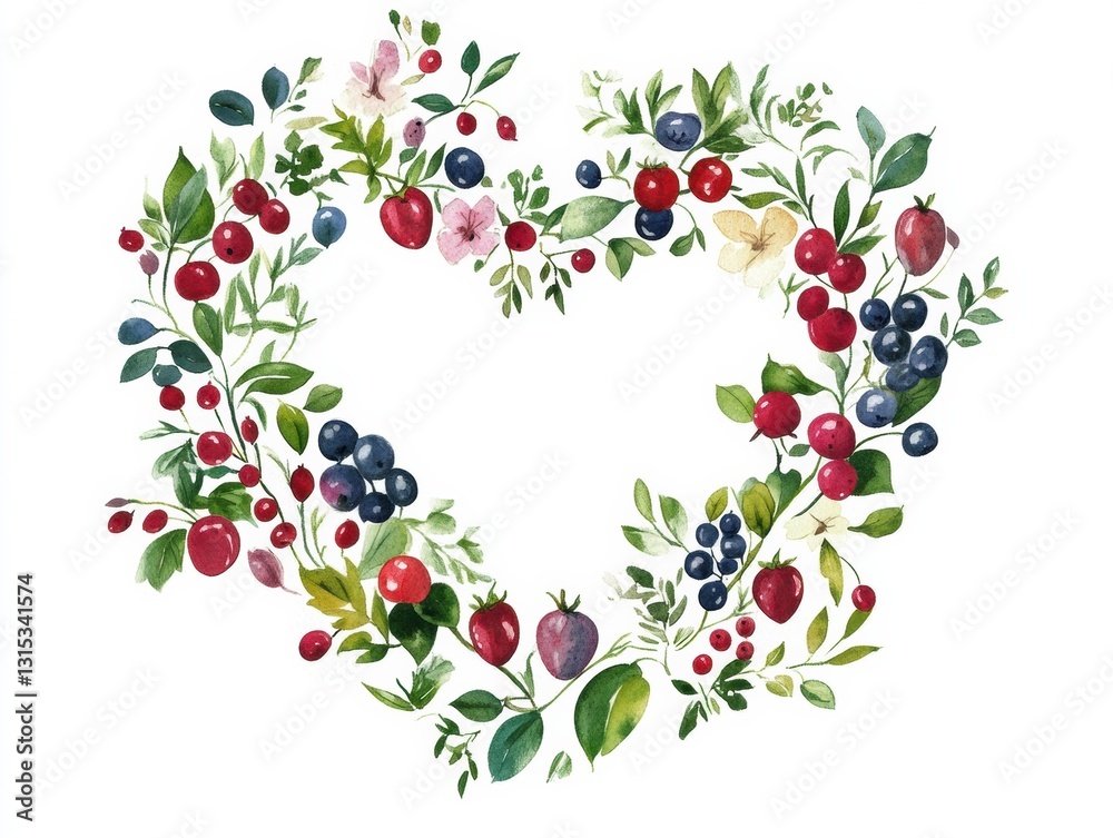Watercolor wreath design featuring various berries and flowers in a heart shape Watercolor wreath design featuring various berries and flowers in a heart shape