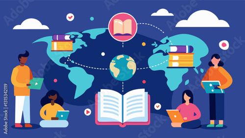 A website dedicated to a virtual book exchange connecting readers from all over the world and facilitating the exchange of books and stories across borders.. Vector illustration