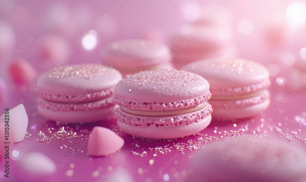 Delicate pastel macarons arranged neatly on a soft pink background, surrounded by shimmering sprinkles and softly illuminated by natural light, Delicate pastel macarons arranged neatly on a soft pink background, surrounded by shimmering sprinkles and softly illuminated by natural light,
