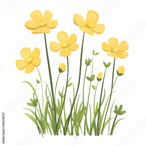 2D flat vector illustration Soft yellow buttercup flowers in a meadow icon isolated on a white background.

