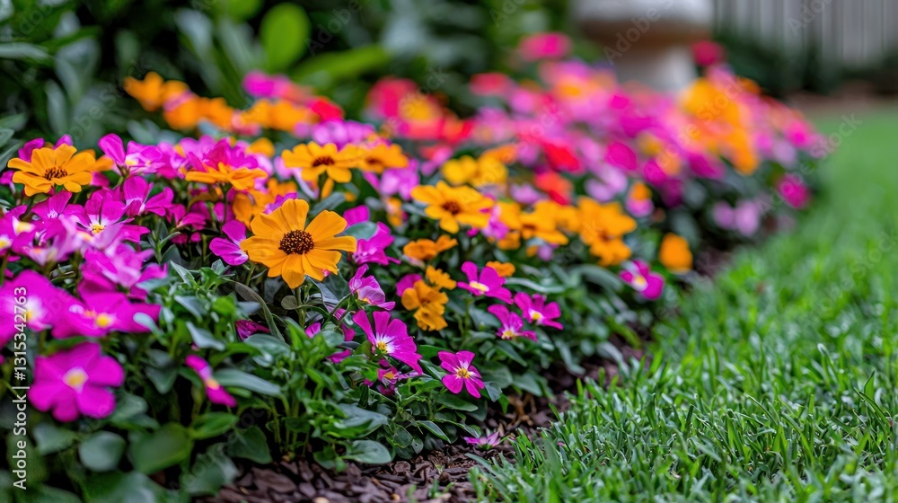 Bright floral border Pink, orange, flowers line green lawn, mulched earth Bright floral border Pink, orange, flowers line green lawn, mulched earth