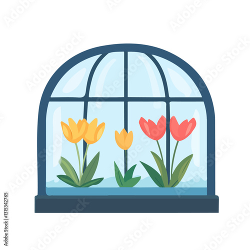 2D flat vector illustration Spring bloom in a greenhouse icon isolated on a white background.

