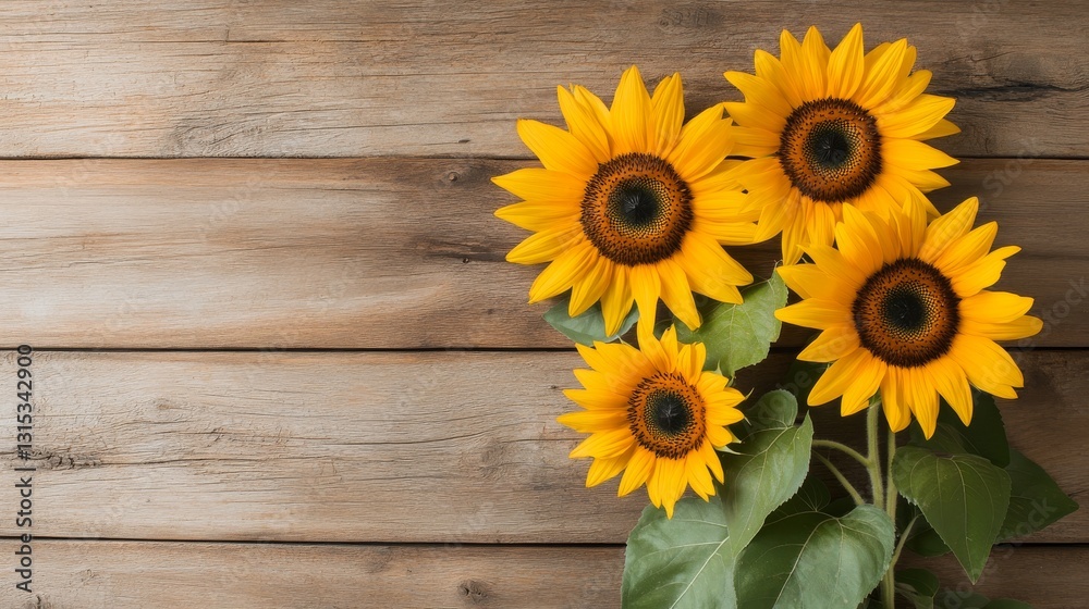 Obraz premium Golden hour sunflowers leaning against reclaimed wood, rustic decor