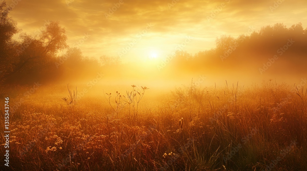 Fototapeta premium Golden sunrise over a misty field with blooming wildflowers and trees in a serene landscape. Generative AI