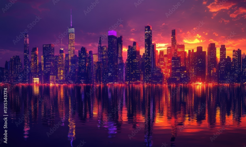 Fototapeta premium Dramatic city skyline view at dusk, warm orange and purple tones blending into the horizon, tall glass buildings reflecting the glowing lights,