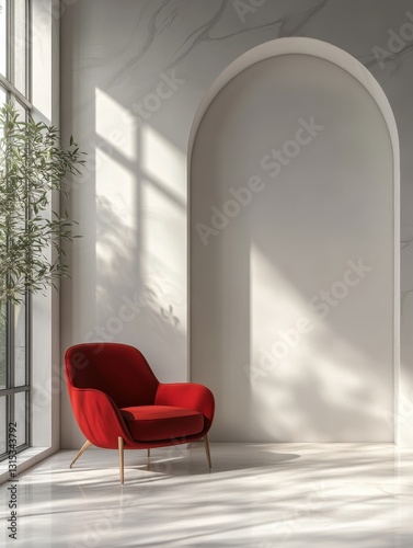 Modern interior design features a red chair and light photo