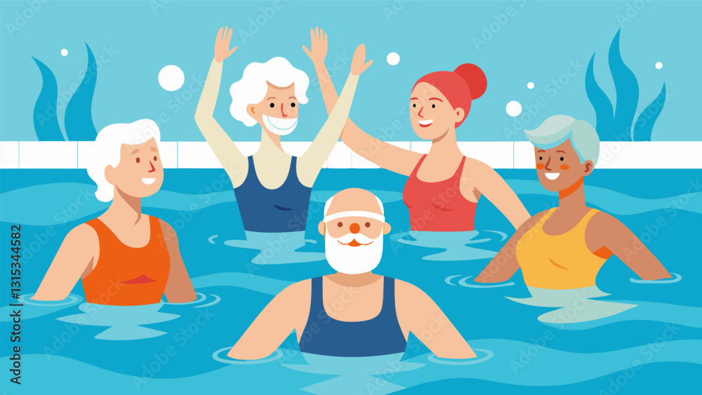 A water aerobics class full of happy seniors focusing on their joint health as they laugh and chat with each other between exercises.. Vector illustration A water aerobics class full of happy seniors focusing on their joint health as they laugh and chat with each other between exercises.. Vector illustration
