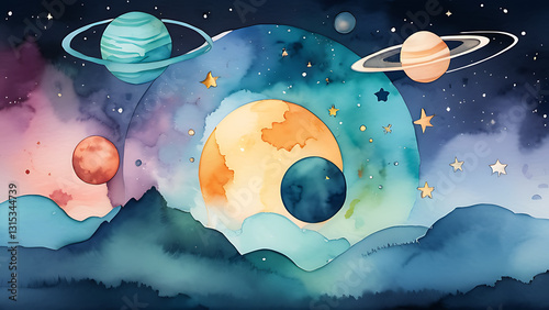 Watercolor Planets and Stars Painting Featuring Space Landscape Illustration