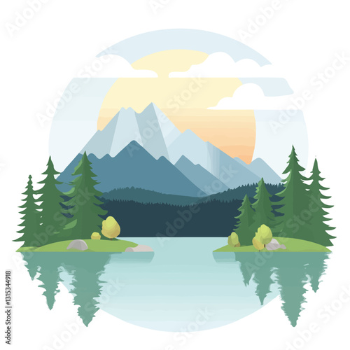 2D flat vector illustration Spring morning mist on the lake icon isolated on a white background.

