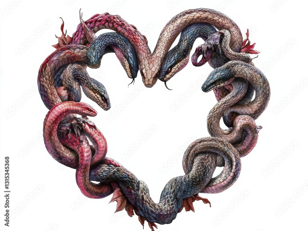 Fototapeta premium Intricate heart shape formed by intertwined snakes in vivid colors and textures