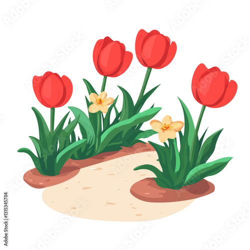 2D flat vector illustration Spring tulips in full bloom along a path icon isolated on a white background.


