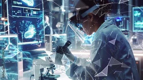 Female lab technician in a white coat.  Modern laboratory equipment in the background. Background with flying patterns. Generated AI.