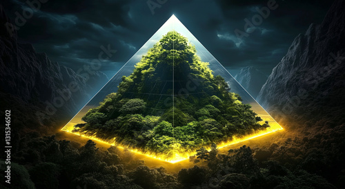 Futuristic glass pyramid with lush forest inside, glowing in a mystical landscape