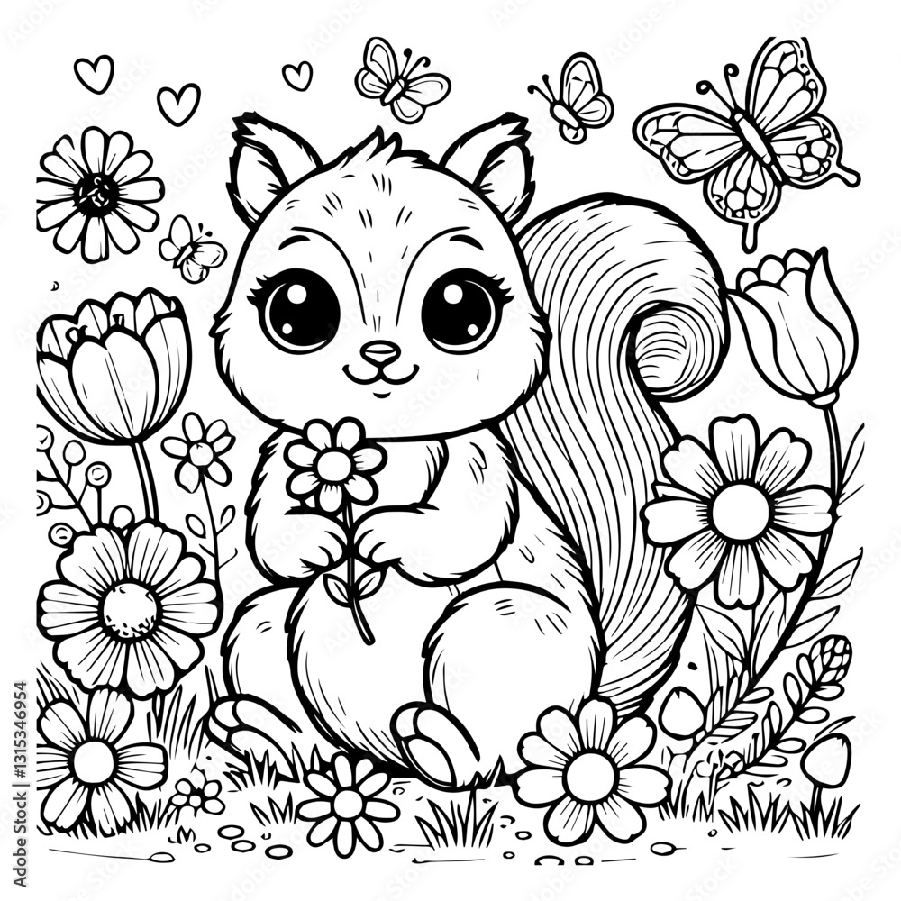 Fototapeta premium coloring page squirrel in flower garden, animal coloring page for kids, adults, releaxing coloring page, stress relief, mindfulness