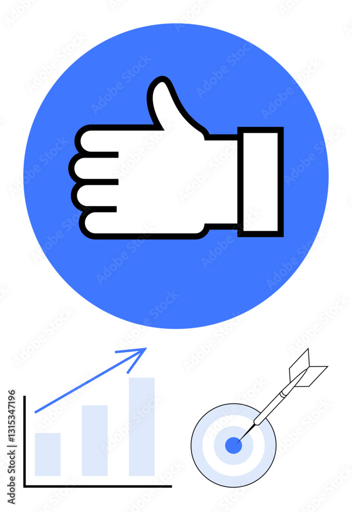 Thumbs up gesture symbolizing approval, growth bar graph with upward arrow, and target with dart. Ideal for motivation, goals, feedback, achievement, teamwork business success. Flat simple metaphor Thumbs up gesture symbolizing approval, growth bar graph with upward arrow, and target with dart. Ideal for motivation, goals, feedback, achievement, teamwork business success. Flat simple metaphor