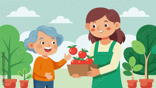 A young girl proudly showing off the tomatoes she grew with the help of her neighbor an experienced gardener in his 80s.. Vector illustration