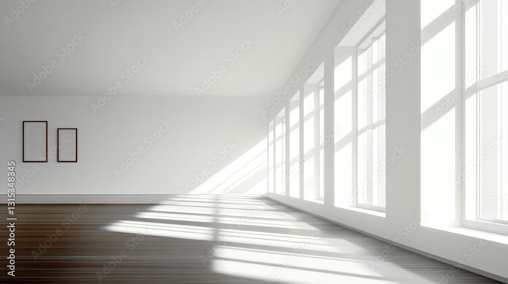 Fototapeta premium Minimalist White Room Design: Sunlight & Empty Frames