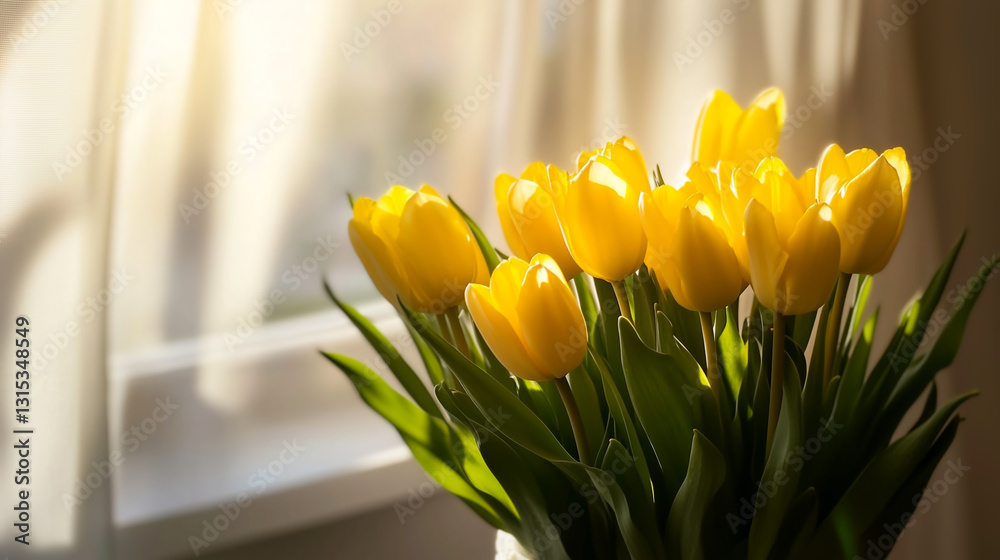 Naklejka premium Bright yellow tulips in a sunlit room create a warm and cheerful atmosphere
