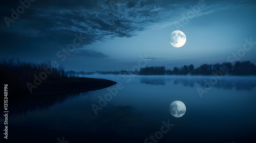 Mystical Night Landscape With A Bright Full Moon Reflected In A Calm Dark Blue River Surrounded By Mist And Trees