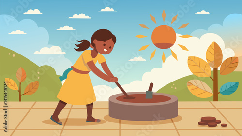 The sun beats down on the outdoor courtyard as a young girl uses her strength to turn the large handle of the grinding stone helping in the chocolate making process.. Vector illustration