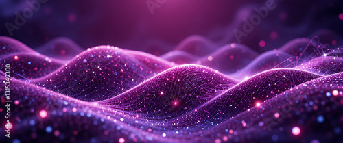 Abstract shimmering diamond sparkling wavy network connecting field, in purple gradient Color with glowing connected points, 8k resolution,