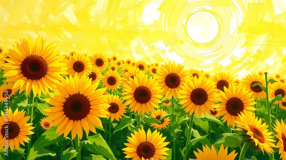 Obraz premium Golden Embrace: A field of vibrant sunflowers basks in the warm, radiant glow of the sun, creating a scene of pure, unadulterated joy and the essence of summer.