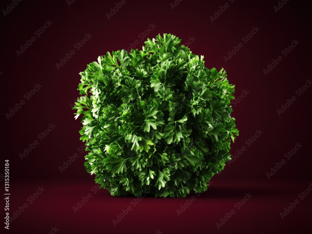 Obraz premium Elegant green plant on deep red background emphasizing the vibrancy of fresh parsley as a culinary ingredient
