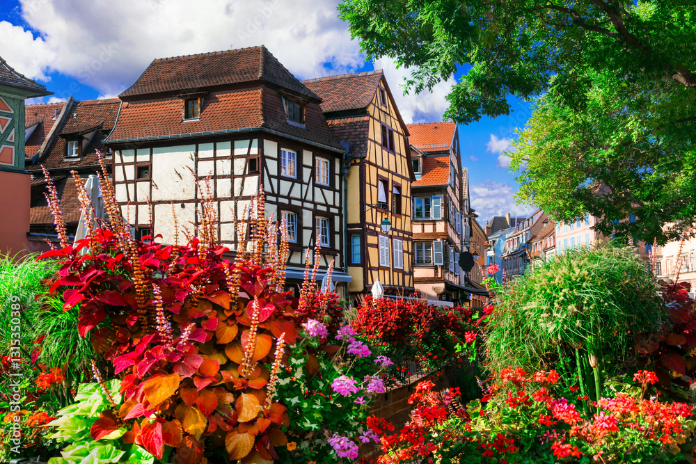France, Alsace region. Colorful traditional town Colmar with scenic romantic canals, popular tourist attraction, wine route destination.