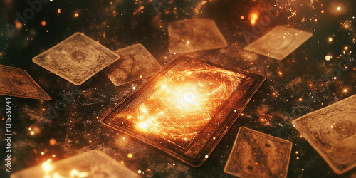 Fototapeta Naklejka Na Ścianę i Meble -  Cosmic Tarot Reading with Astrology, Numerology, and Esoteric Symbolism in a Mystical Celestial Setting