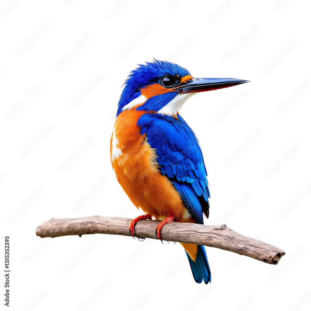 Fototapeta premium Vibrant Kingfisher Perched on Branch Against White Background