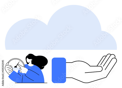 Large cloud with person steering and open hand symbolizing technology access, user navigation, and support. Ideal for cloud computing, user experience, teamwork, innovation, data sharing, assistance