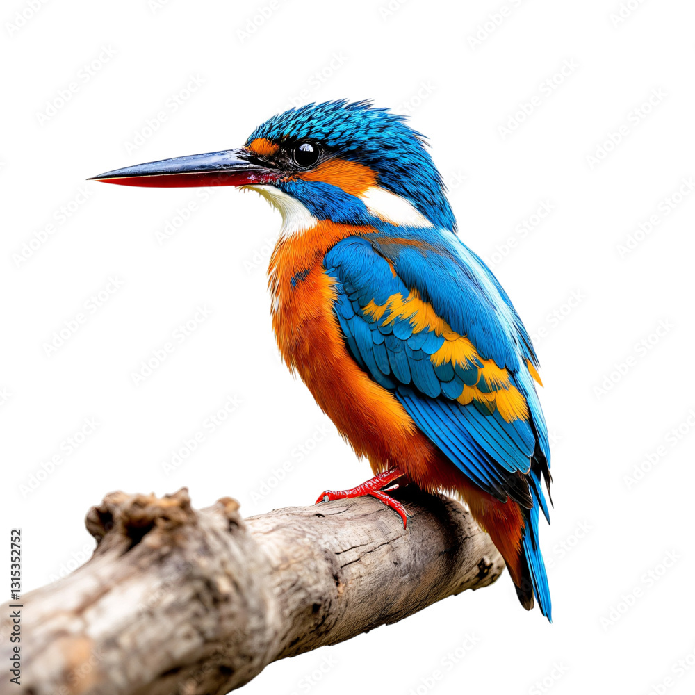 Fototapeta premium Vibrant Kingfisher Perched on Branch Against White Background
