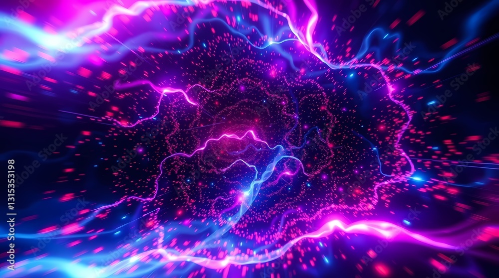 Fototapeta premium Cosmic Energy: A mesmerizing display of vibrant, energetic cosmic energy, with streaks of electric blue and brilliant pink dancing across a deep, dark canvas, creating a stunning visual spectacle.