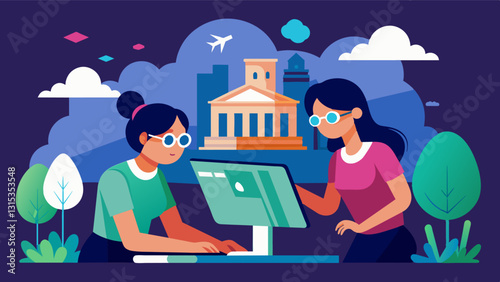 Two girls work together to build and code a virtual reality tour of a historical city incorporating their computer science knowledge and creativity.. Vector illustration